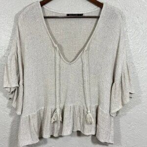 Maven West Linen Top Small Tassel Peplum Crop Natural Artisan Scandi Lagenlook